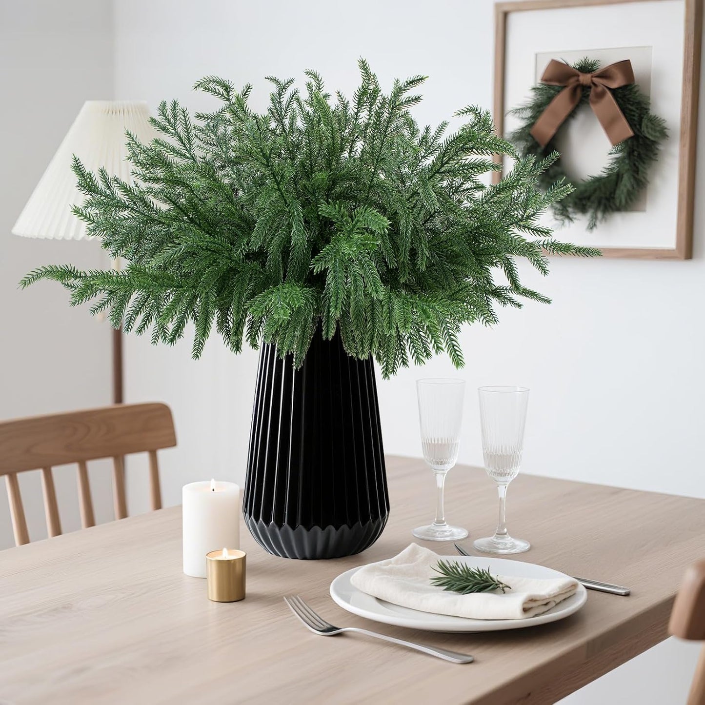 24 Pcs Christmas Norfolk Pine Branches, Artificial Pine Christmas Stems Real Touch Faux Greenery Pine Picks for Vase DIY Garland Wreath Home Indoor Outdoor Decoration