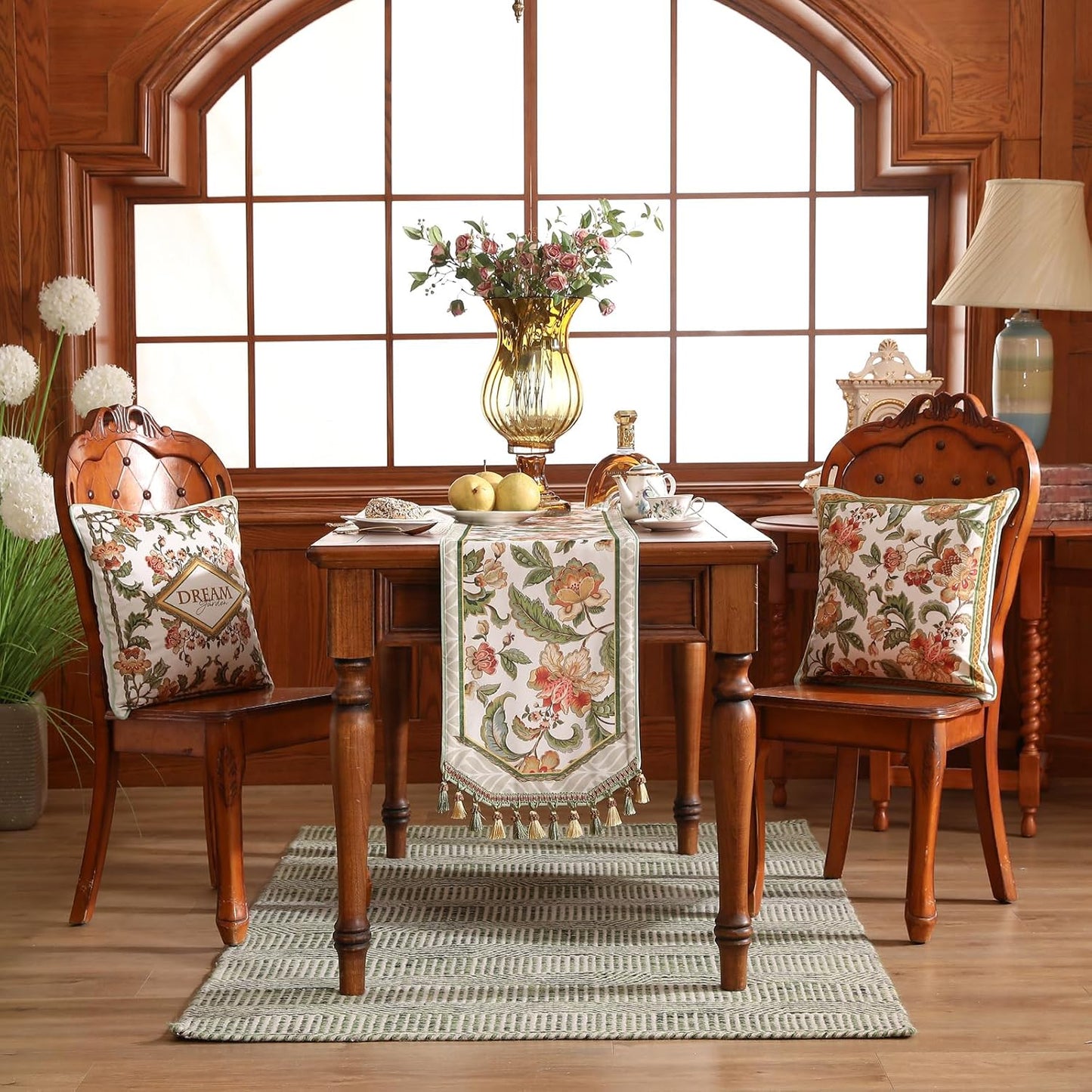 patdrea Designer Elegant French Floral Velvet Table Runner, Fresh Green with Orange Blossoms Pattern Table Mat, Decoration for Kitchen Dining Coffee Table Cabinet Banquet Thanksgiving,12"*102"