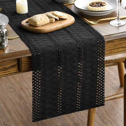 Artoid Mode Black Farmhouse Woven Rustic Hollow Table Runner, Seasonal Holiday Hollow Kitchen Dining Table Decoration for Home Party Decor 12x72 Inch