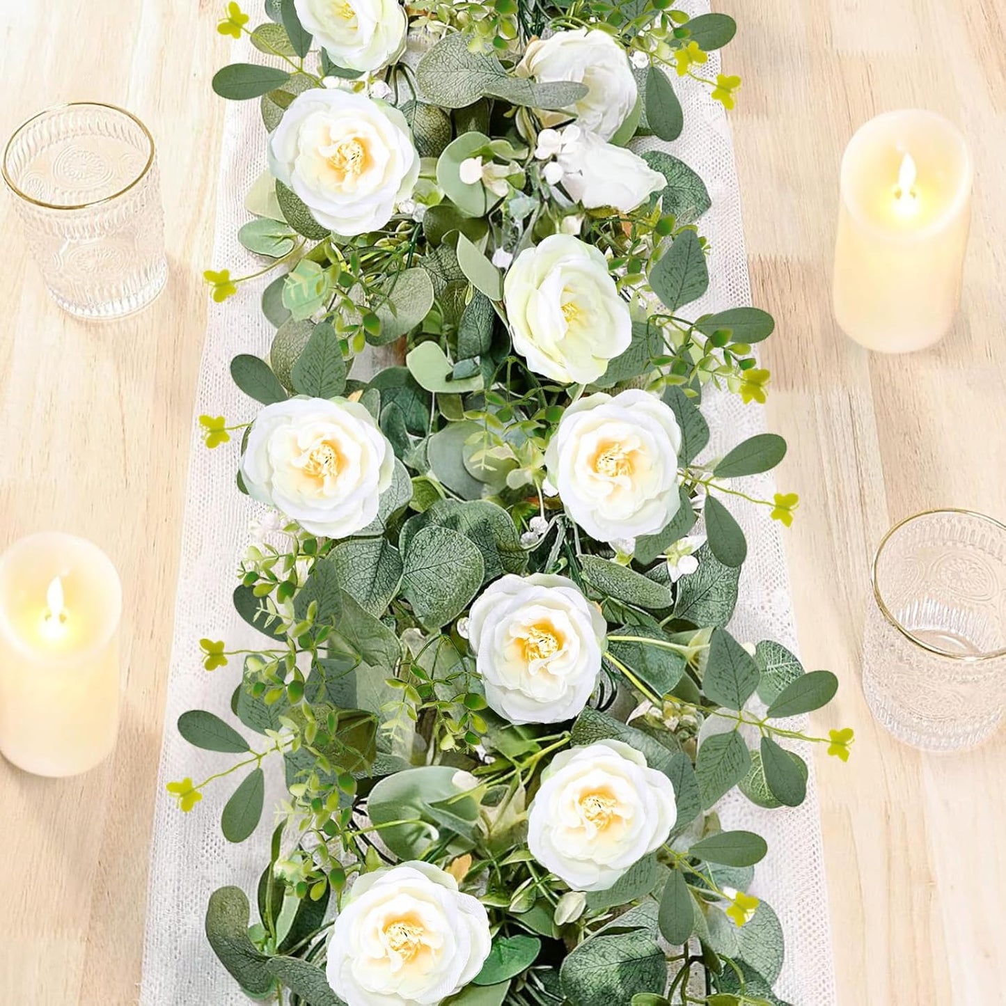 ASTRYAS 2 Pack 6.23Ft Artificial Eucalyptus Garland with Flowers, Fake Rose Garland Greenery Garlands Floral Vines for Wedding Spring Home Party Craft Art Table Runner Decor(White)