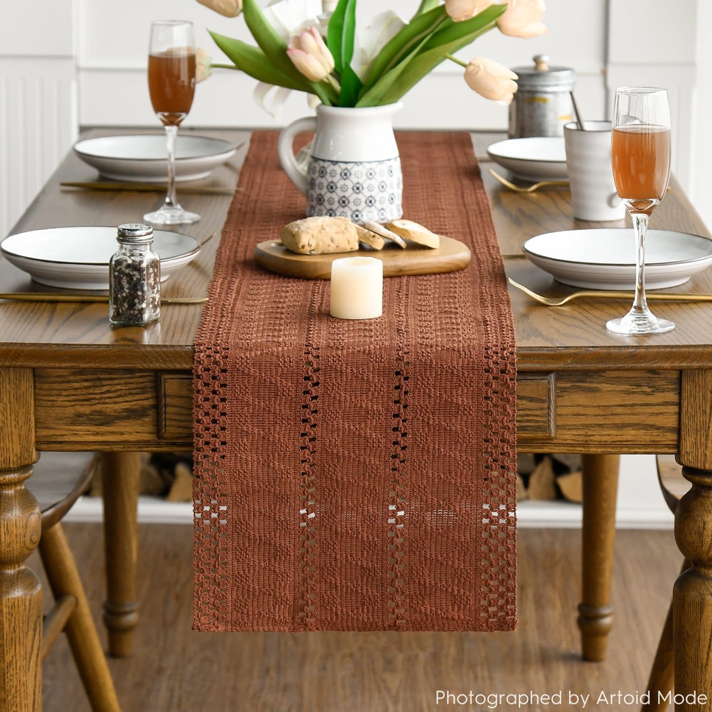 Artoid Mode Caramel Farmhouse Woven Rustic Hollow Table Runner, Seasonal Holiday Hollow Kitchen Dining Table Decoration for Home Party Decor 12x72 Inch