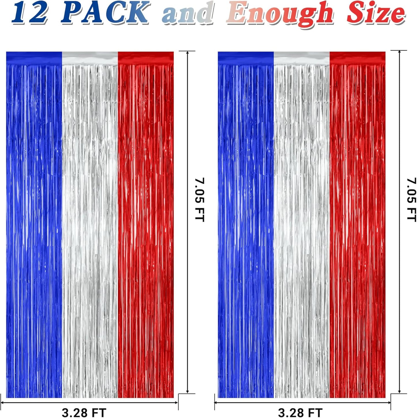 12 Pack 4th of July Decorations, 3.28 FT x 7.05 FT Patriotic Tinsel Backdrop, Metallic Blue Silver Red Fringe Curtains Party Streamer Foil Backdrop, Independence Day Party Supplies Patriotic Decor