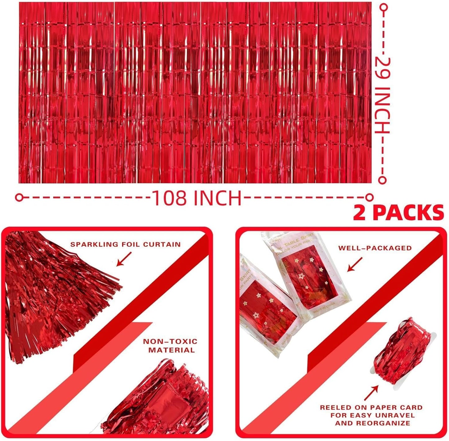 Red Streamers Party Decorations, 2 Packs Red Table Skirts Metallic Foil Fringe Tinsel for Birthday Graduation Valentine's Day Carnival Casino Wedding Float Parade Party Supplies - 29x108 Inch