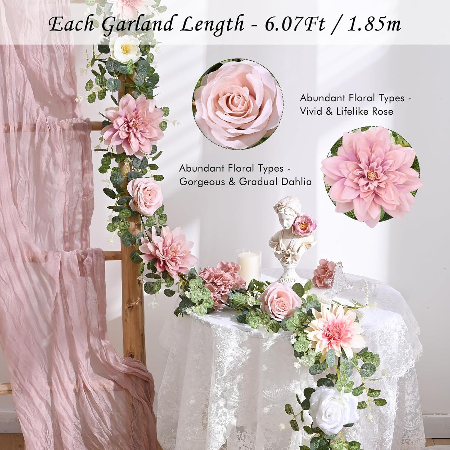 Waipfaru 2 Pcs Flower Garland, 12.14ft Eucalyptus Garland Vines with Flowers for Wedding Reception Table Mantle Spring Room Decor (Rose Pink)