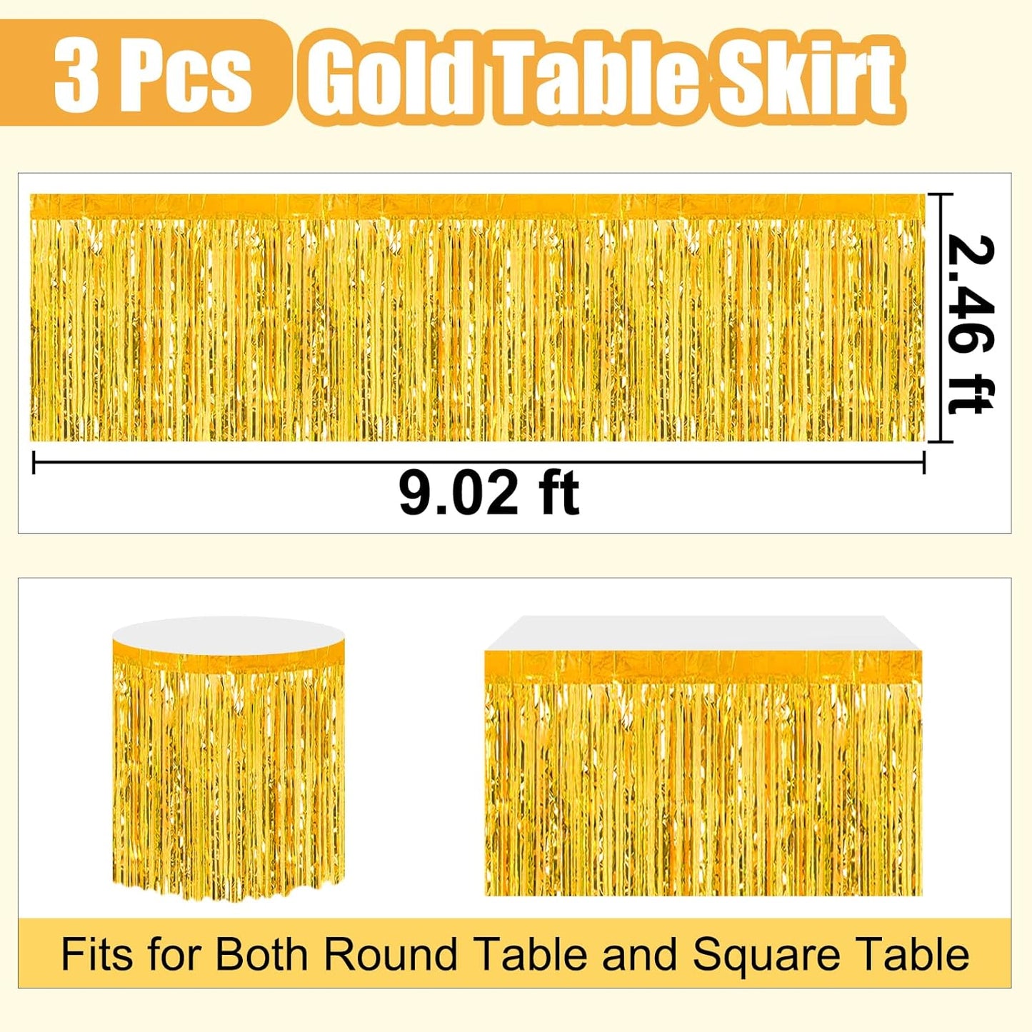 3 Pack 29 x108 Inch Gold Foil Fringe Table Skirts Metallic Banner for Tinsel Streamer Garland Backdrop for Parade Floats Wedding Thanksgiving Birthday Christmas Halloween New Year Party Decoration