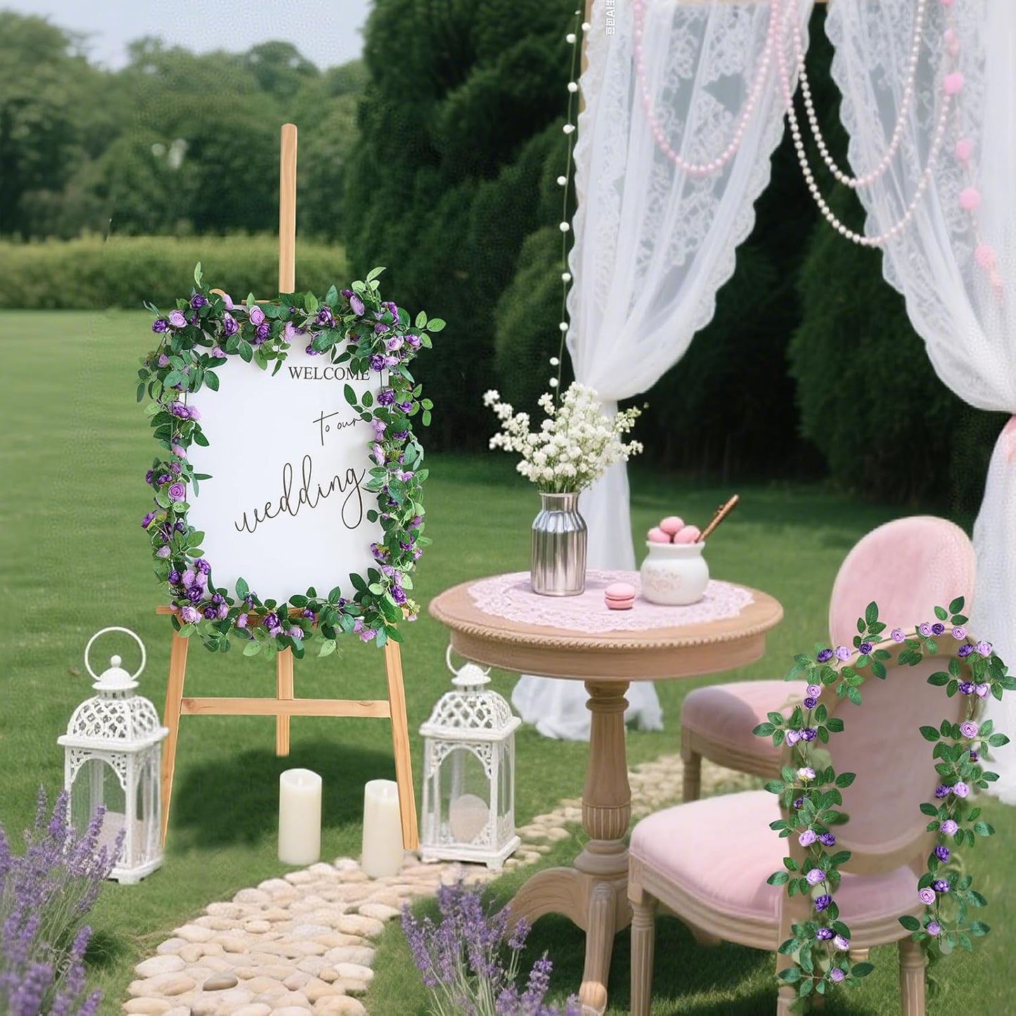 4 Packs Artificial Rose Garland: 31.48Ft Each Fake Flower Vine with Improved Color & 10 Ties for Wedding Arch Backdrop, Home Wall Party Decor, Christmas Decor, Purple