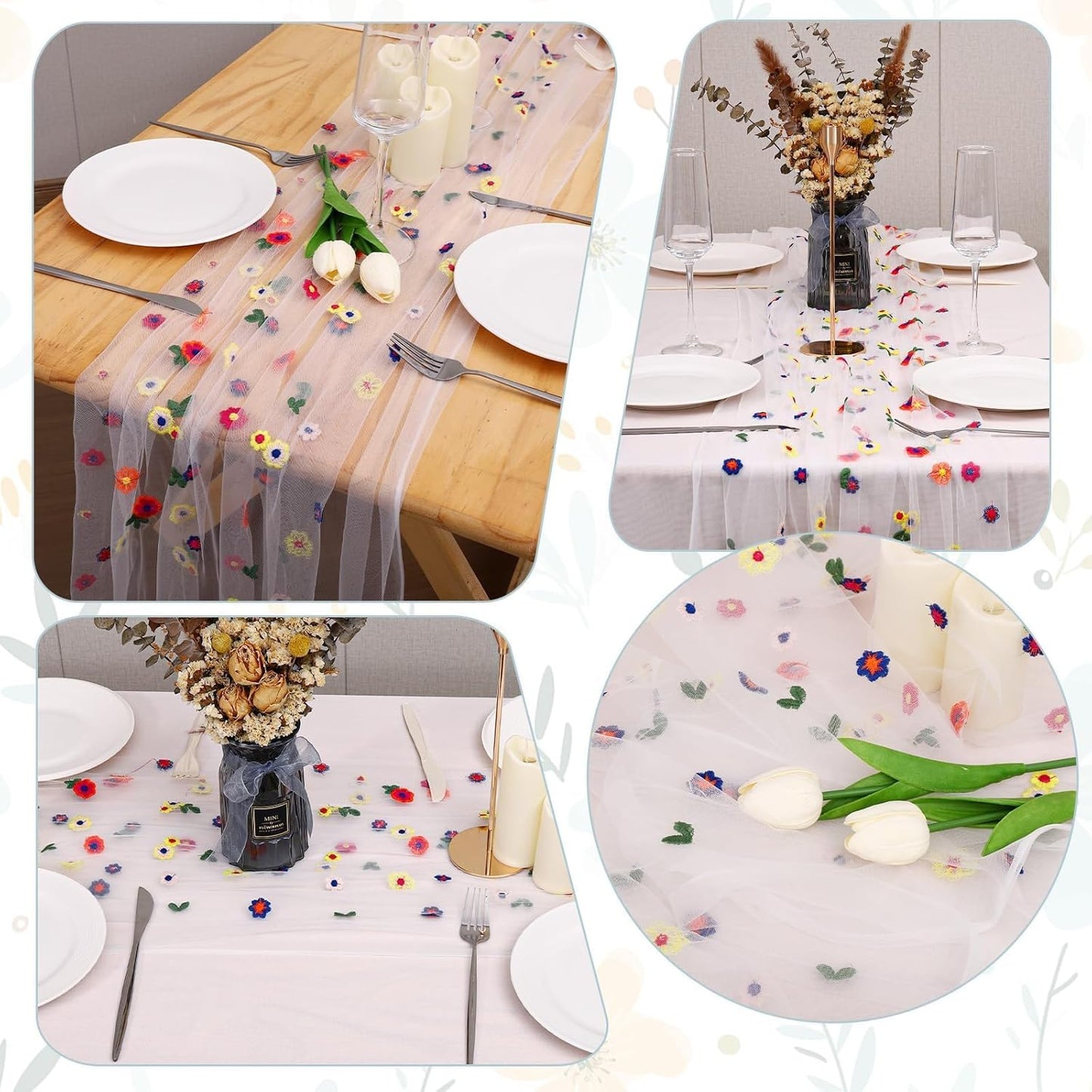 6PCS Lvory Floral Table Runner 10 FT, Embroidery Daisy Table Runners Seasonal Sheer Tulle Table Runner for Thanksgiving Wedding Birthday Baby Shower Party ﻿