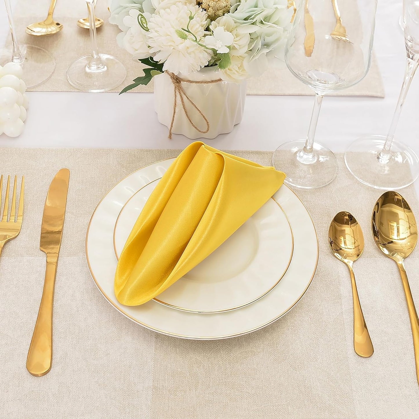 12 Pieces Gold Satin Napkins, 17" x 17" Square Table Napkins, Silky Soft Smooth Washable Napkins for Restaurant, Weddings, Dinner, Party Decoration