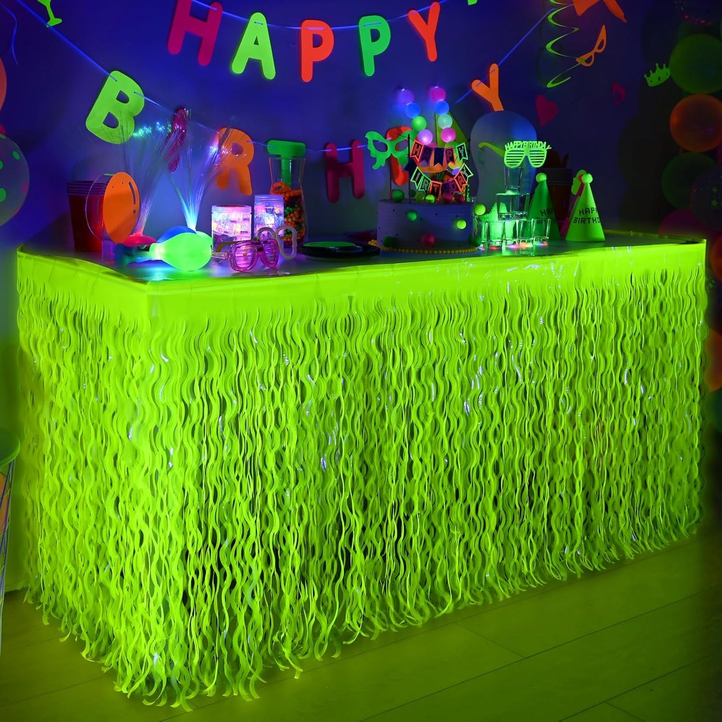 Mega-L Glow in The Dark Party Supplies, 2 Pack Neon Party Decorations Fluorescent Macaron Yellow Wavy Metallic Tinsel Foil Fringe Table Skirts, Perfect Table Decors for Glow Birthday Decor