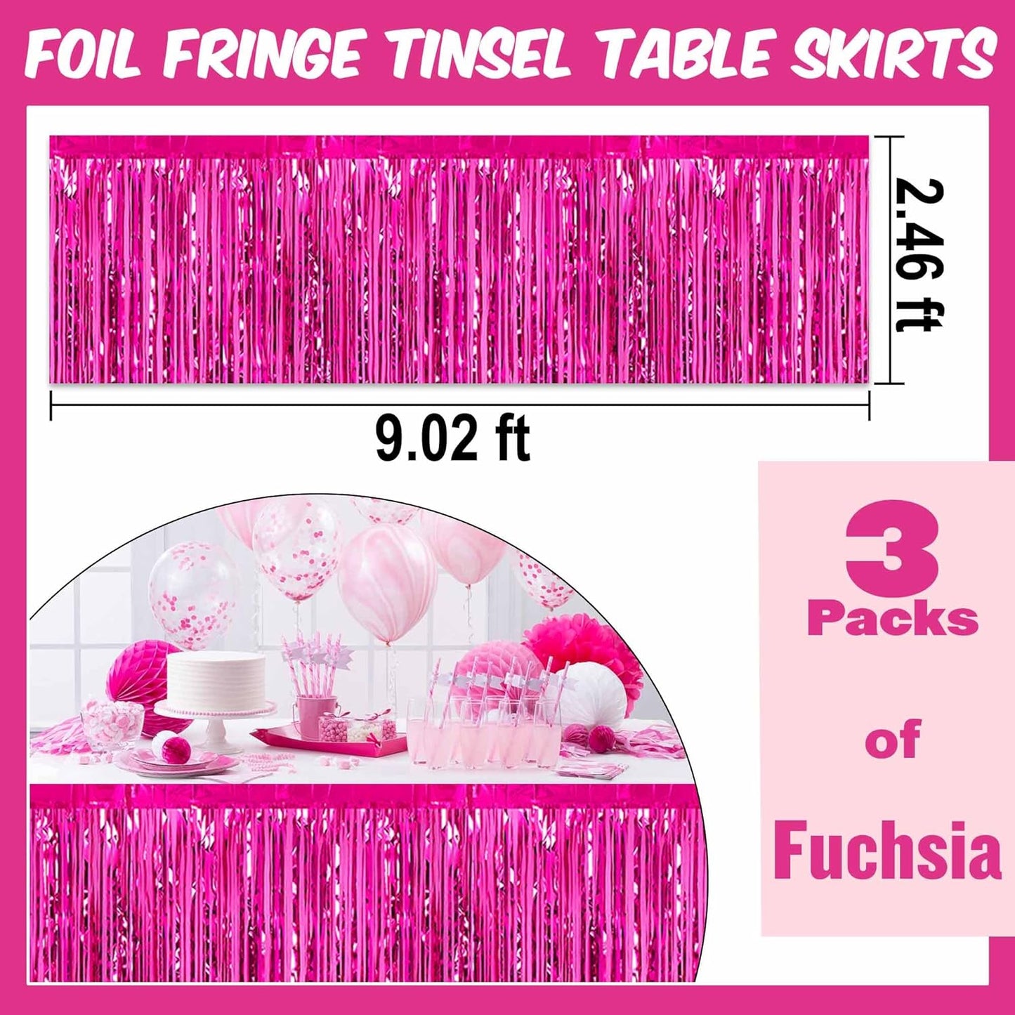 3 Pack Fuchsia Foil Fringe Table Skirts Metallic Tinsel Streamers Garland Banner Backdrop for Table Decor, Parade Float, Birthday, Wedding, Halloween, Christmas Party Decorations(29x108 In)