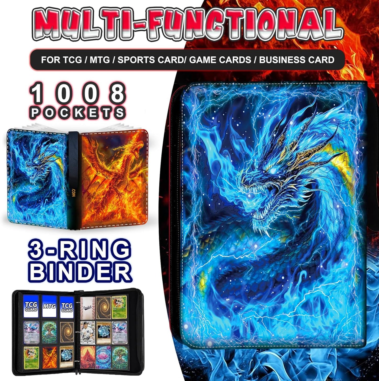 1008 Card Binder 9 Pocket, 3-Ring Trading Card Binder with 56 Page Removable Sleeves, High Storage Waterproof Trading Card Holder Collection Card Album Carrying Organizer Case for MTG TCG Cards -Fire