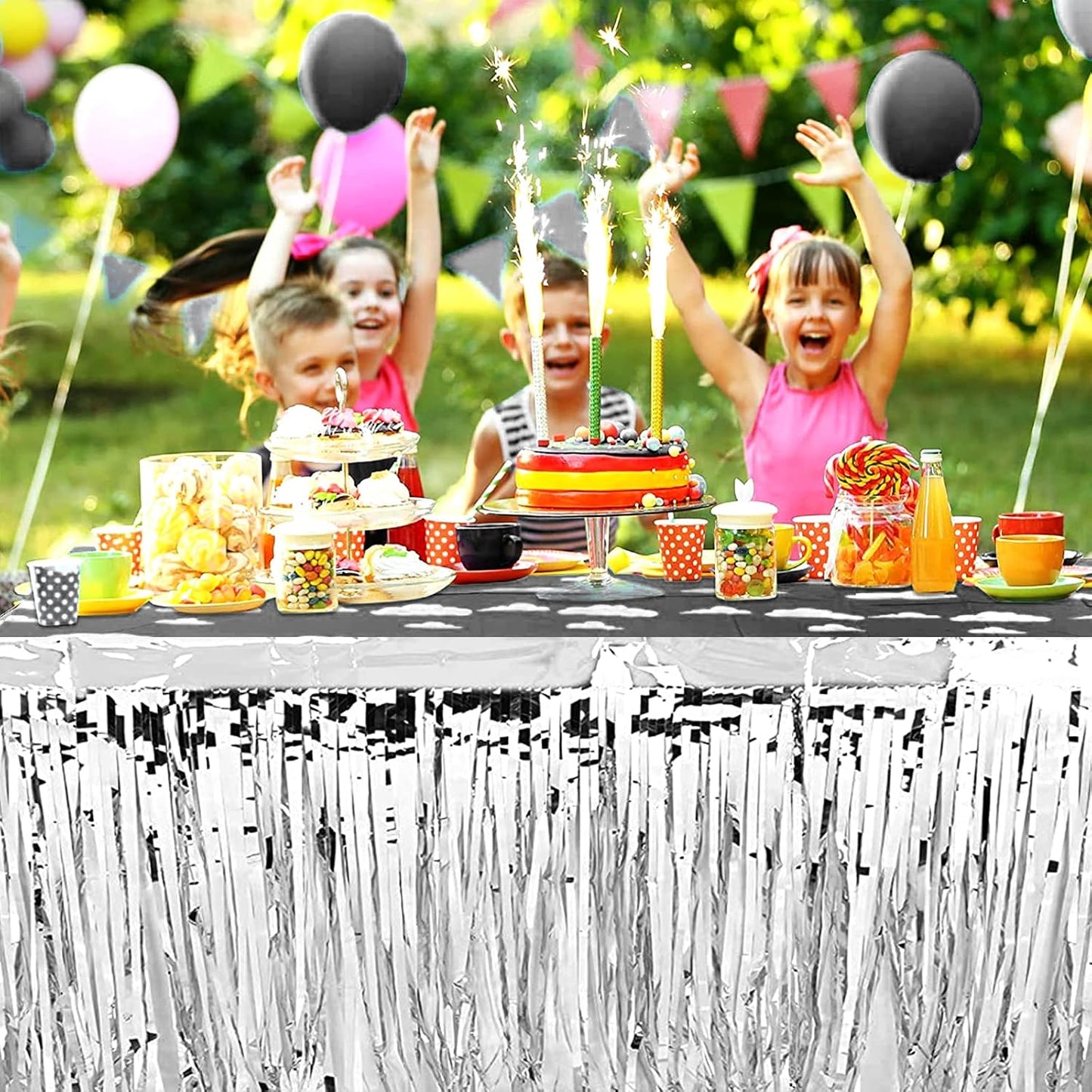 4 Pack 29x108 Inch Metallic Foil Fringe Tinsel Table Skirts for Rectangle Tables Streamer Curtains Backdrop for Wedding, Birthday, Parade Floats, Christmas, Halloween Party Decoration(Silver)