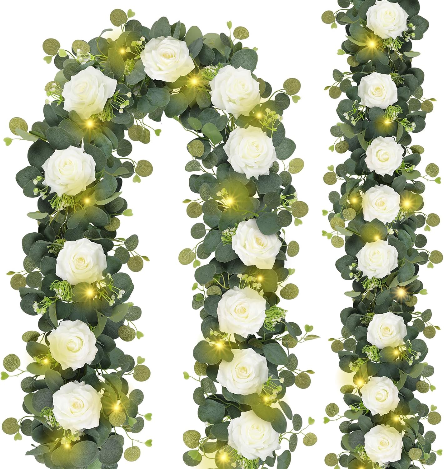 MACTING 2 Pack 13.2FT Eucalyptus Garland with Lights - Spring Gypsophila Flower Garland with 24 White Roses Artificial Floral Greenery Vine for Arch Table Centerpieces Backdrop Party Wedding Decor
