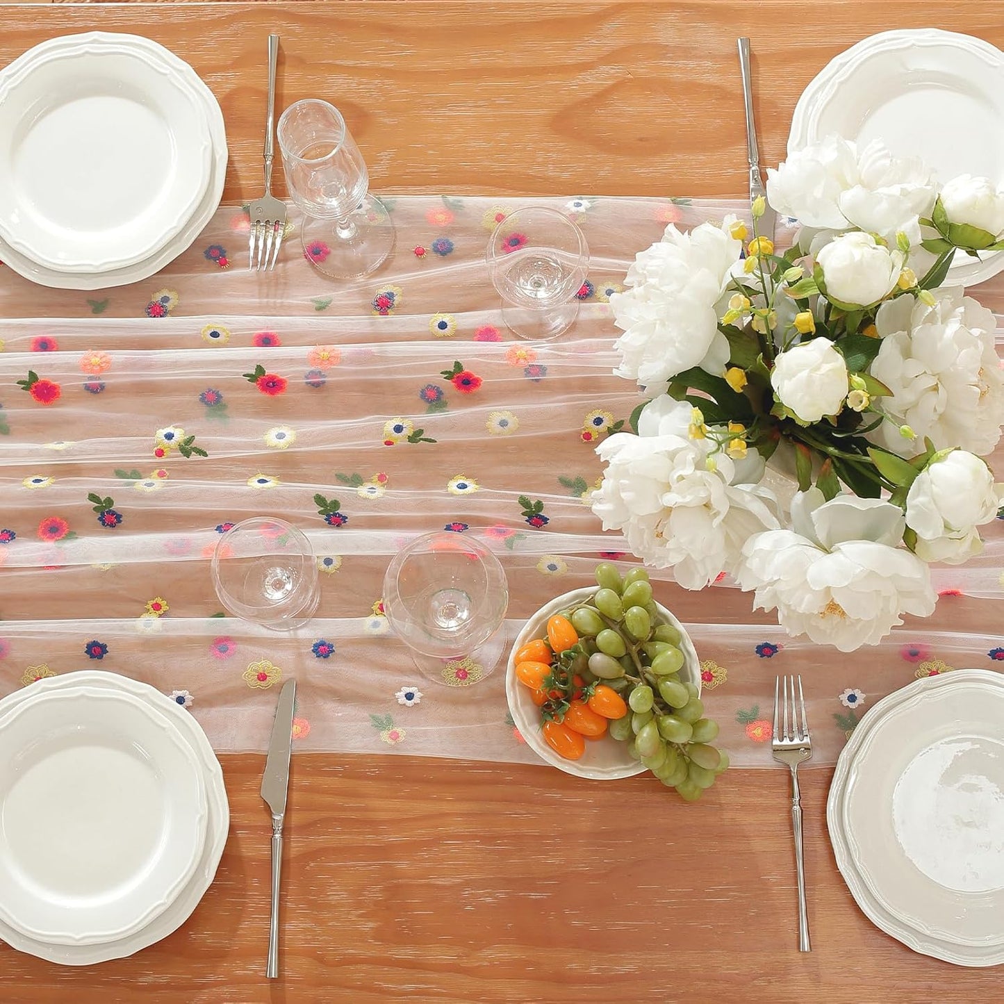White Embroidery Daisy Fall Table Runner 120Inch 10FT Florals Soft Sheer Tulle Fabric Table Runner for Home Decor, Brithday, Wedding, Baby Shower ,Holiday ,Parties, DIY Craft,3PC