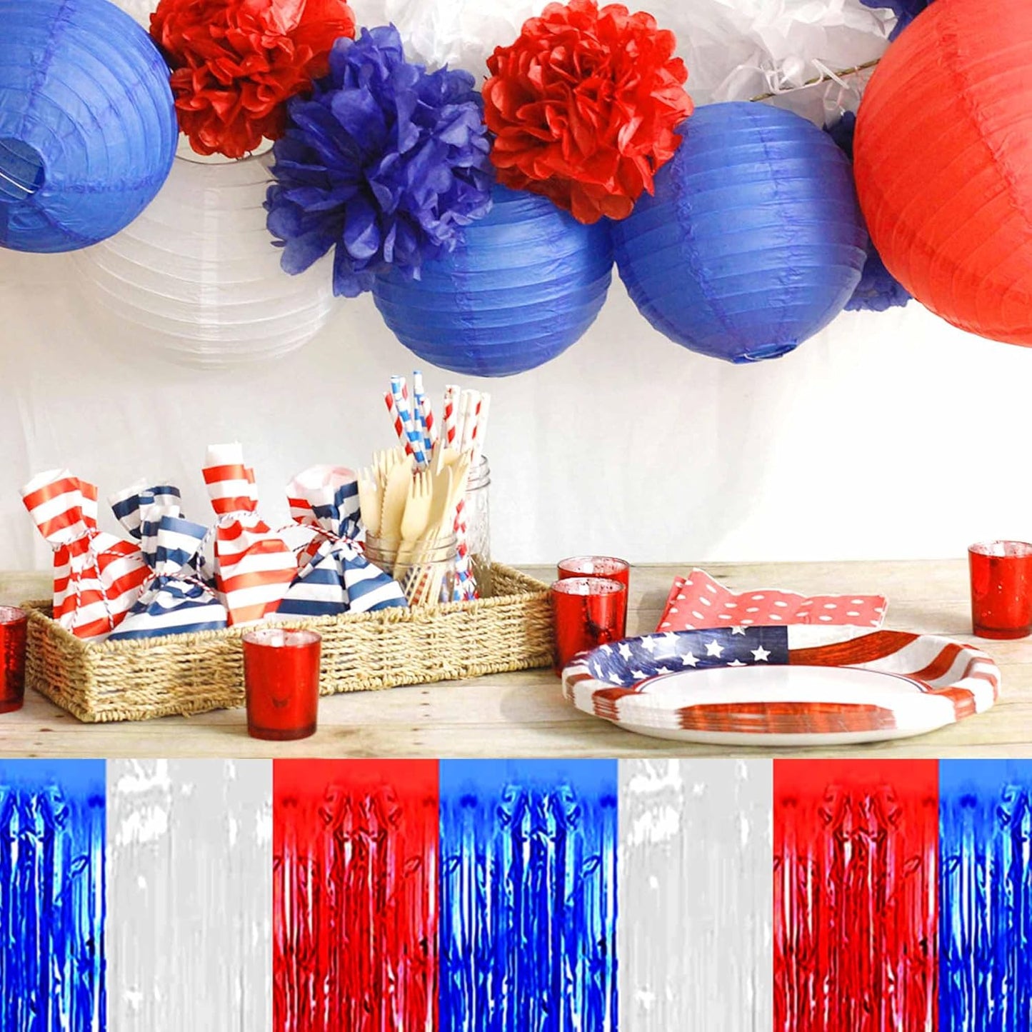3 Pack 29 x108 Inch White Blue Red Foil Fringe Table Skirts Metallic Banner for Tinsel Streamer Garland Backdrop for Parade Floats Mother's Day, Graduate, Birthday, Wedding Party Decoration