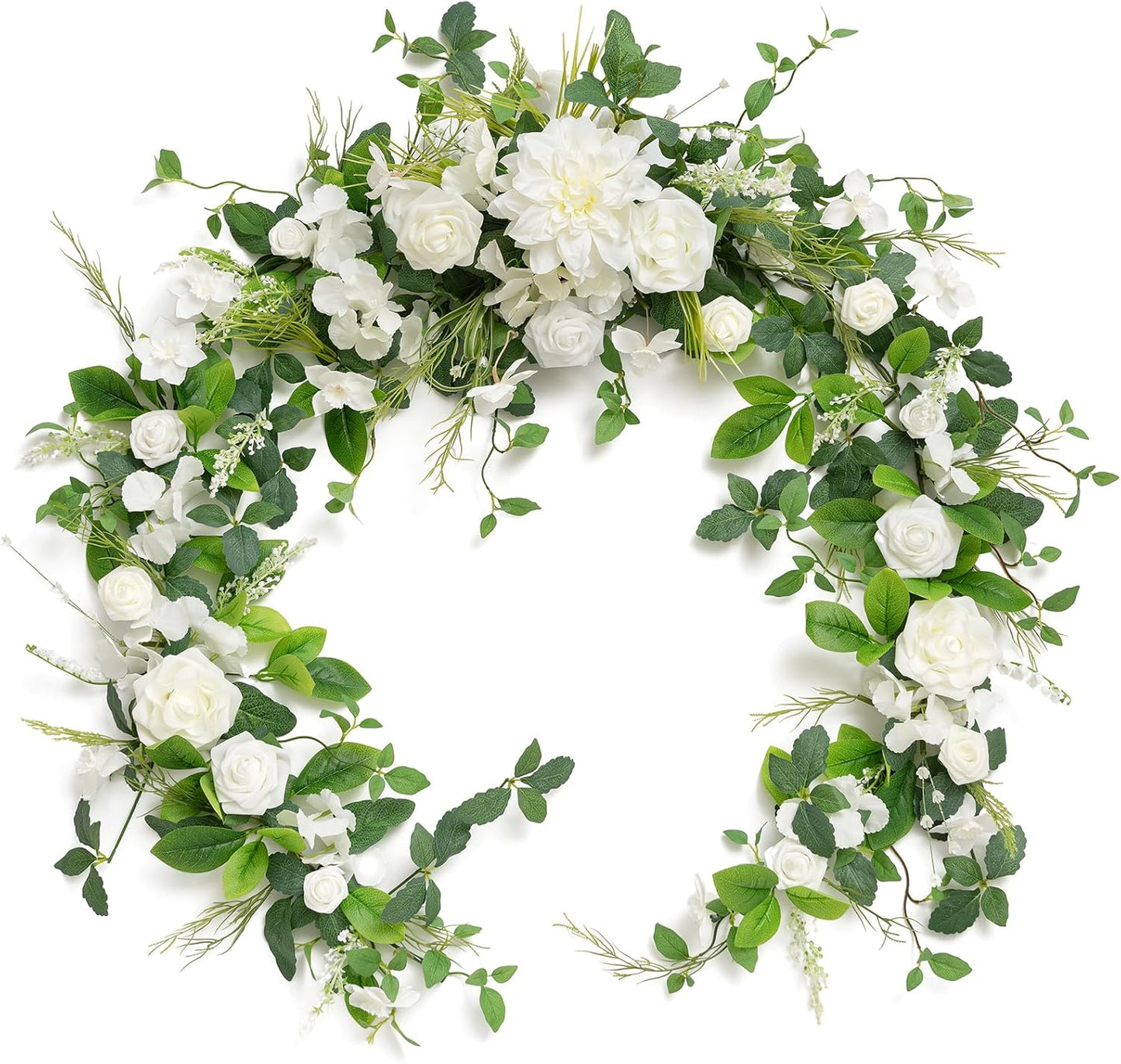 Ling's moment Flower Garland - 6FT Eucalyptus & Rose - Sweetheart Table Decor for Wedding Reception, Artificial Floral Garland for Mantle, Spring, Christmas Decoration, White & Lily