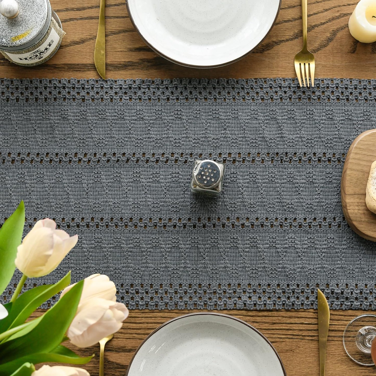 Artoid Mode Dark Grey Farmhouse Woven Rustic Hollow Table Runner, Seasonal Holiday Hollow Kitchen Dining Table Decoration for Home Party Decor 12x90 Inch