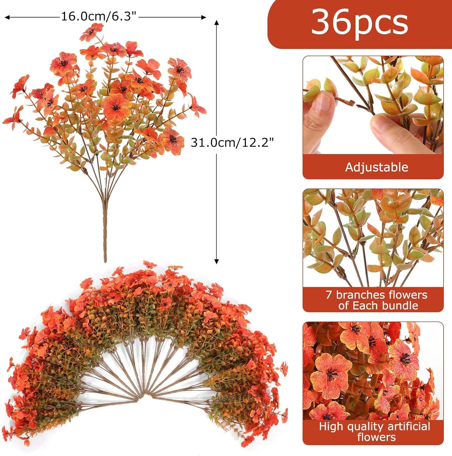 Hananona 36 Pcs Artificial Mum Flowers for Outdoors, Faux Fall Mums Silk Flower for Outside, Fake Orange Flowers for Fall Patio Front Door Planter Autumn Halloween Home Decorations (36, Orange)