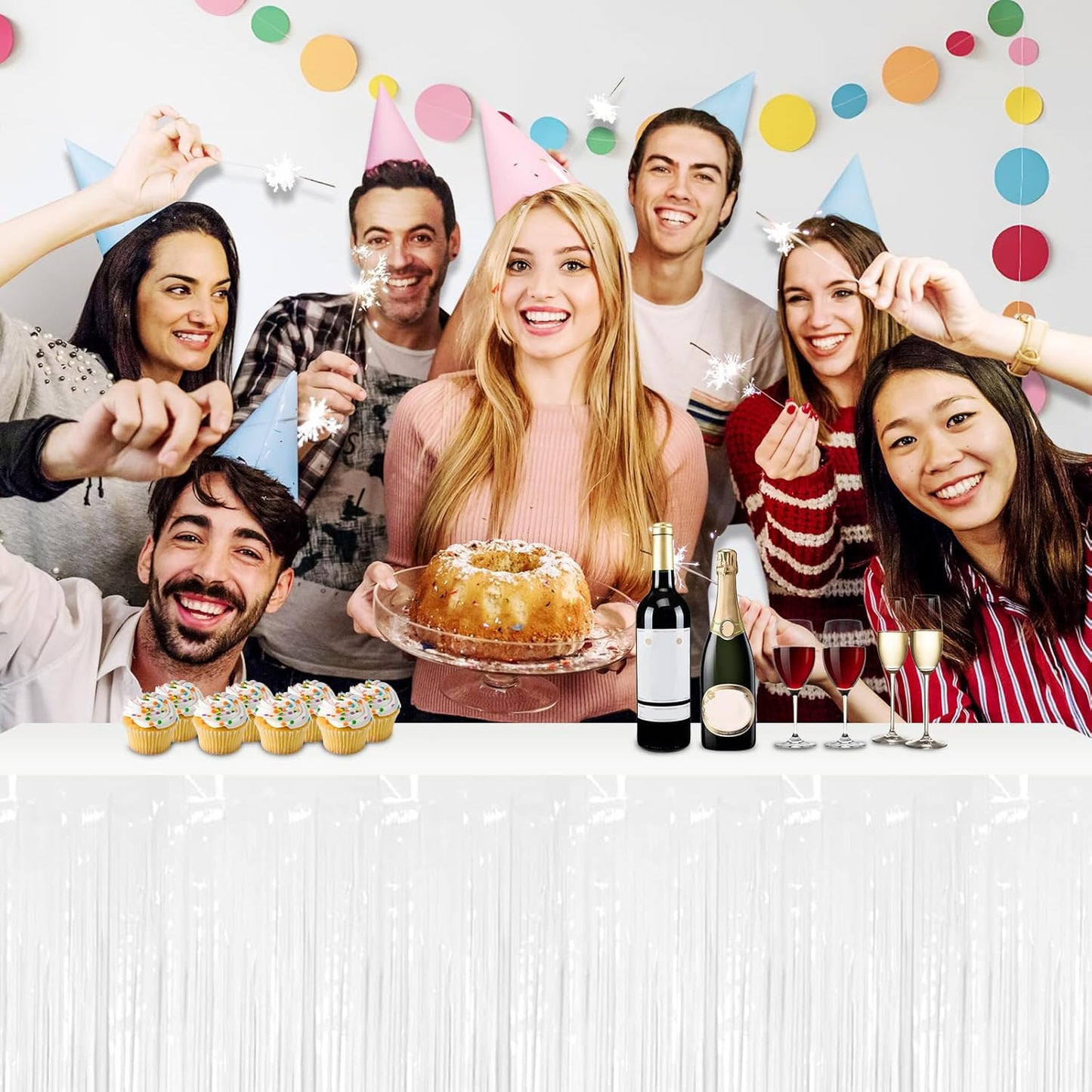 3 Pack 29x108 Inch Macaron White Foil Fringe Table Skirts Metallic Banner for Tinsel Streamer Garland Backdrop for Parade Floats Wedding Thanksgiving Birthday Christmas Halloween Party Decoration