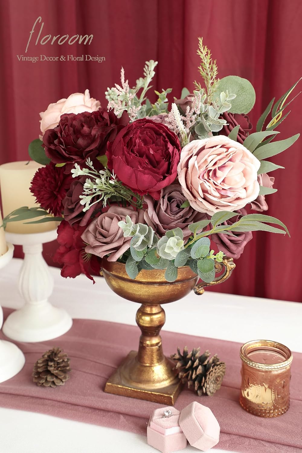 Floroom Burgundy Mauve Artificial Flowers Marsala Fake Roses Peonies and Greenery Combo Box Set for DIY Dark Red Wedding Bouquets Bridal Shower Centerpieces Floral Arrangements Party Tables Decoration