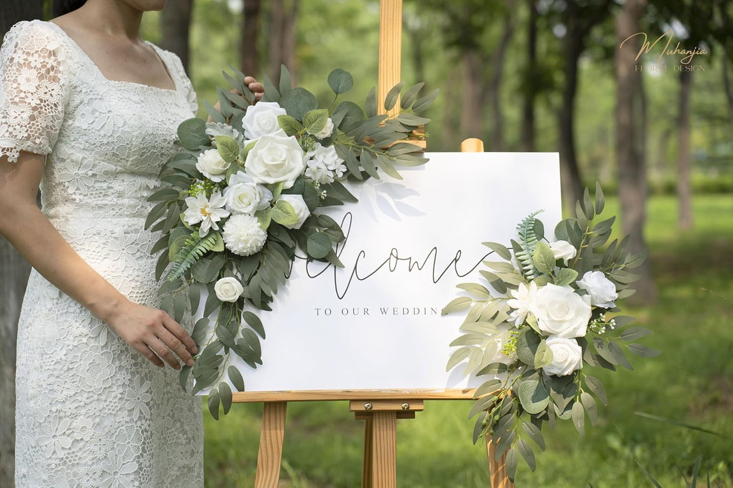 Wedding Sign Faux Flower Swag (Pack of 2) for Ceremony Party Reception Entrance Floral Decor Wall Easel Stand for Wedding Poster Welcome Sign (Natural White)