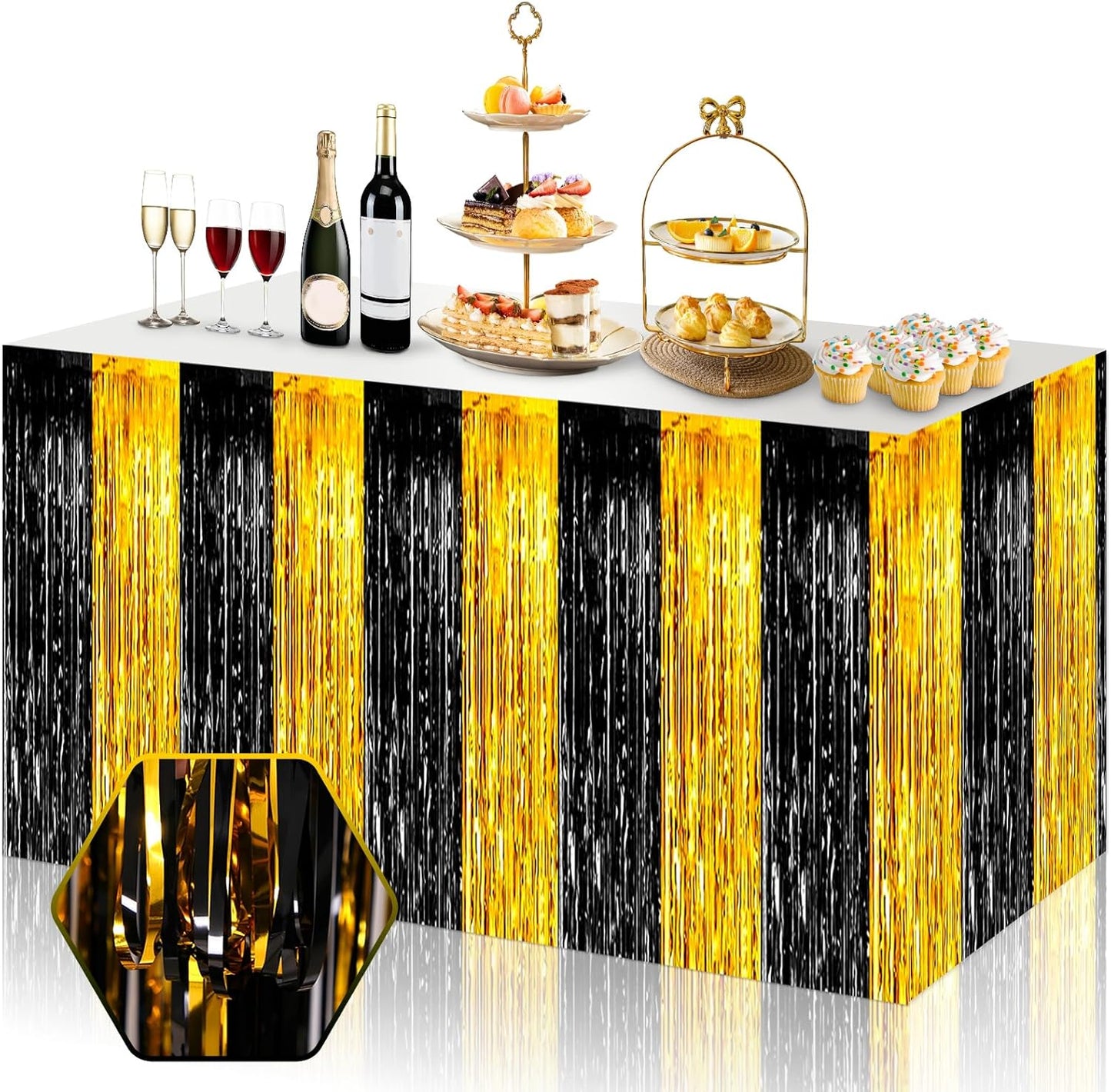 3 Pack 29x108 Inch Black Gold Foil Fringe Table Skirts Metallic Banner for Tinsel Streamer Garland Backdrop for Parade Floats Wedding Thanksgiving Birthday Christmas Halloween Party Decoration
