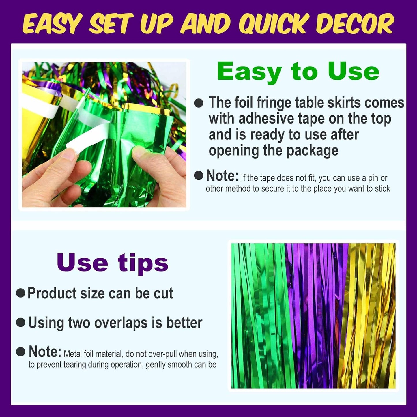 3 Pack Gold Green Purple Foil Fringe Table Skirts Metallic Tinsel Streamers Garland Banner Backdrop for Table Decor, Parade Float, Birthday, Wedding, Halloween, Christmas Party Decorations(29x108 In)