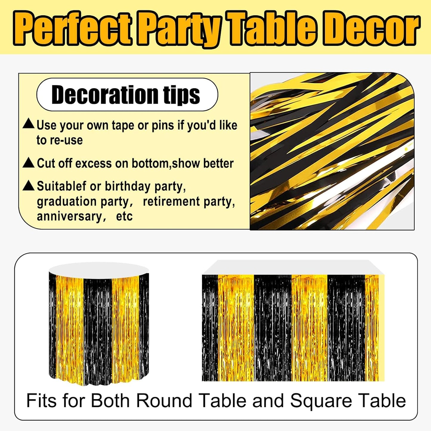 3 Pack 29x108 Inch Black Gold Foil Fringe Table Skirts Metallic Banner for Tinsel Streamer Garland Backdrop for Parade Floats Wedding Thanksgiving Birthday Christmas Halloween Party Decoration