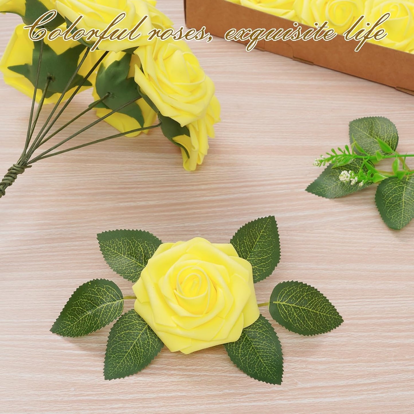 BLEUM CADE 36Pcs Artificial Flowers Fake Roses with Stems, Yellow Boxed Foam Roses for DIY Bouquets Centerpieces Wedding Party Arrangement Bridal Shower Decor