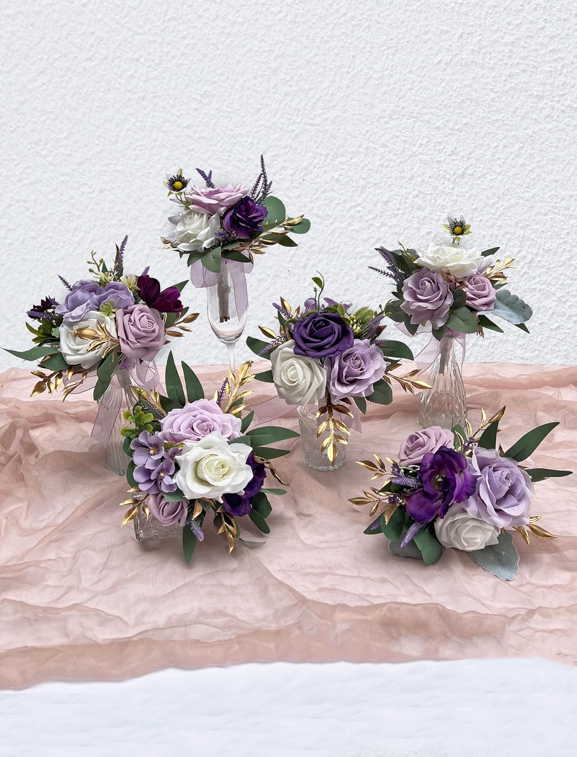 CherishedMoments Set of 6 Assorted Flower Centerpieces Mini Floral Wedding Flowers Set for Wedding Table Centerpieces Decoration, Purple Bouquets and Home Decor