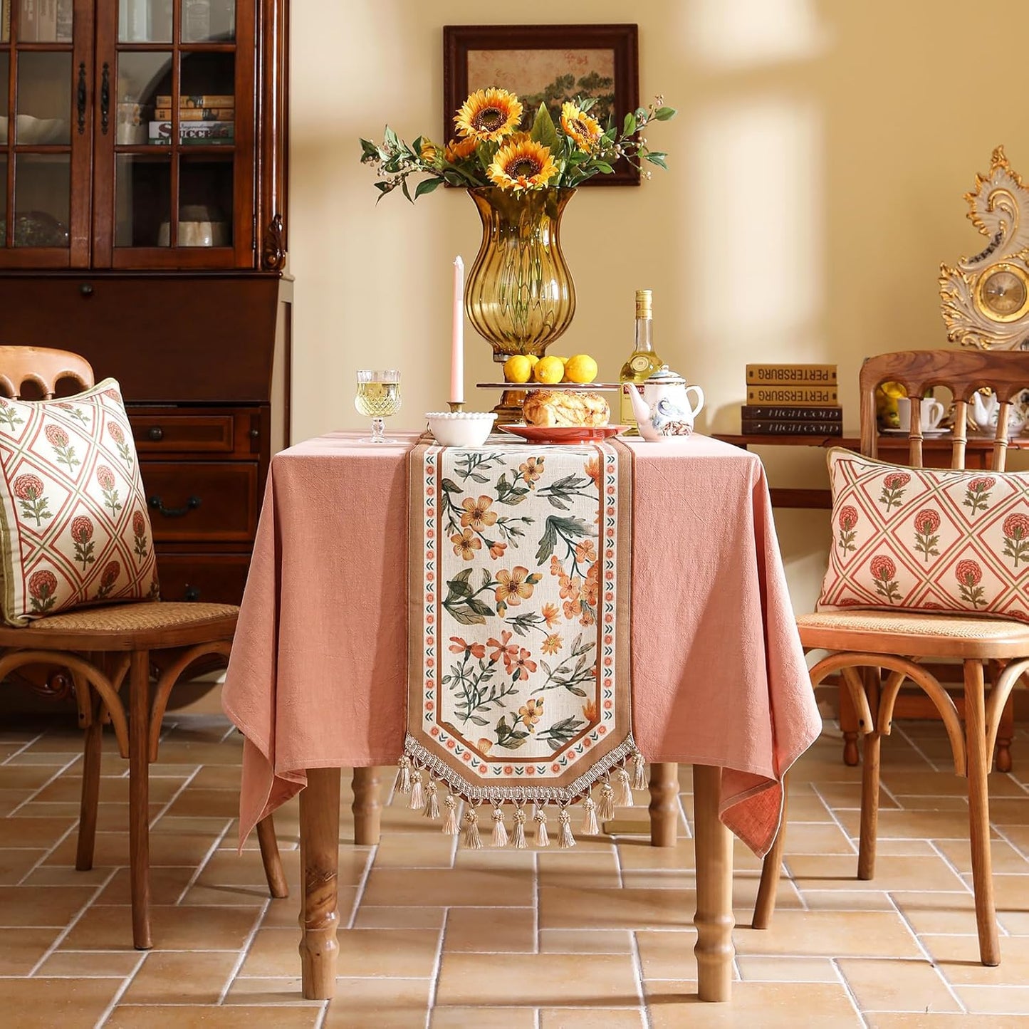 Vintage Small Linen Table Runner,Floral Table Runners 63 Inches Long,Soft and Luxury Tablerunner.Decoration Tabletop for Kitchen,Dining,Party,Home,Christmas,12"*63"