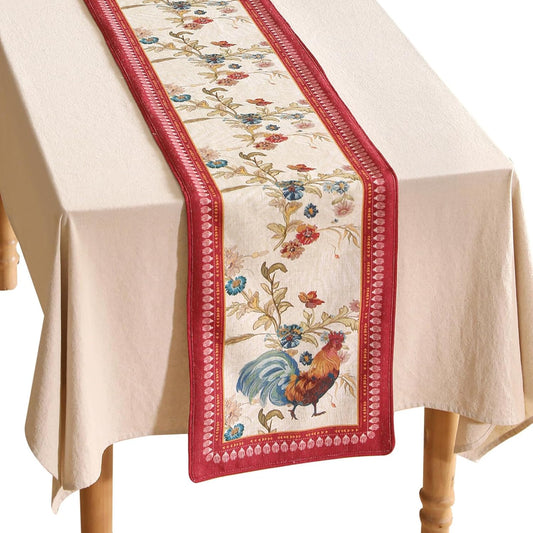 patdrea Designer Farmhouse Linen Table Runner, Rustic Cottage Mauve with Rooster and Floral Pattern Fabric Table Mat, Decoration for Kitchen Dining Coffee Table Banquet Christmas , 12"*87"