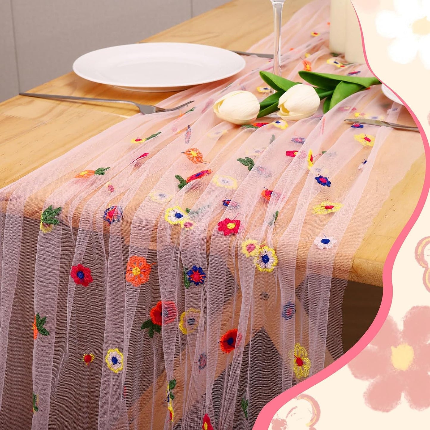BINBE 6pcs Pink Daisy Fall Table Runner Embroidery Gauze 10FT Florals Seasonal Tulle Holiday Birthday Kitchen Dining Table Decor for Home Party