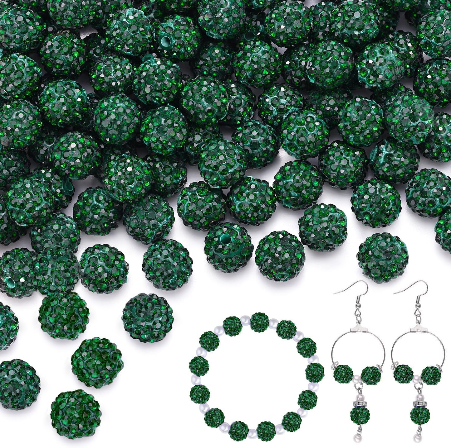 100 pcs 10mm Rhinestone Beads for Jewelry Making, Dark Green Shiny Round Shamballa Disco Beads Bulk, Sparkle Crystal Clay Christmas for Bracelet Baseball Necklace Earring Crafting and DIY