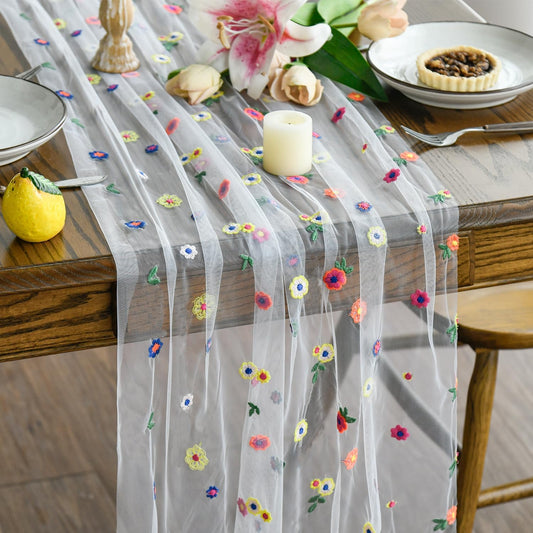 Artoid Mode 6PCS Embroidery Daisy Gauze Table Runner 120 Inch 10FT, Seasonal Sheer Kitchen Dining Holiday Wedding Birthday Table Decor for Home Party