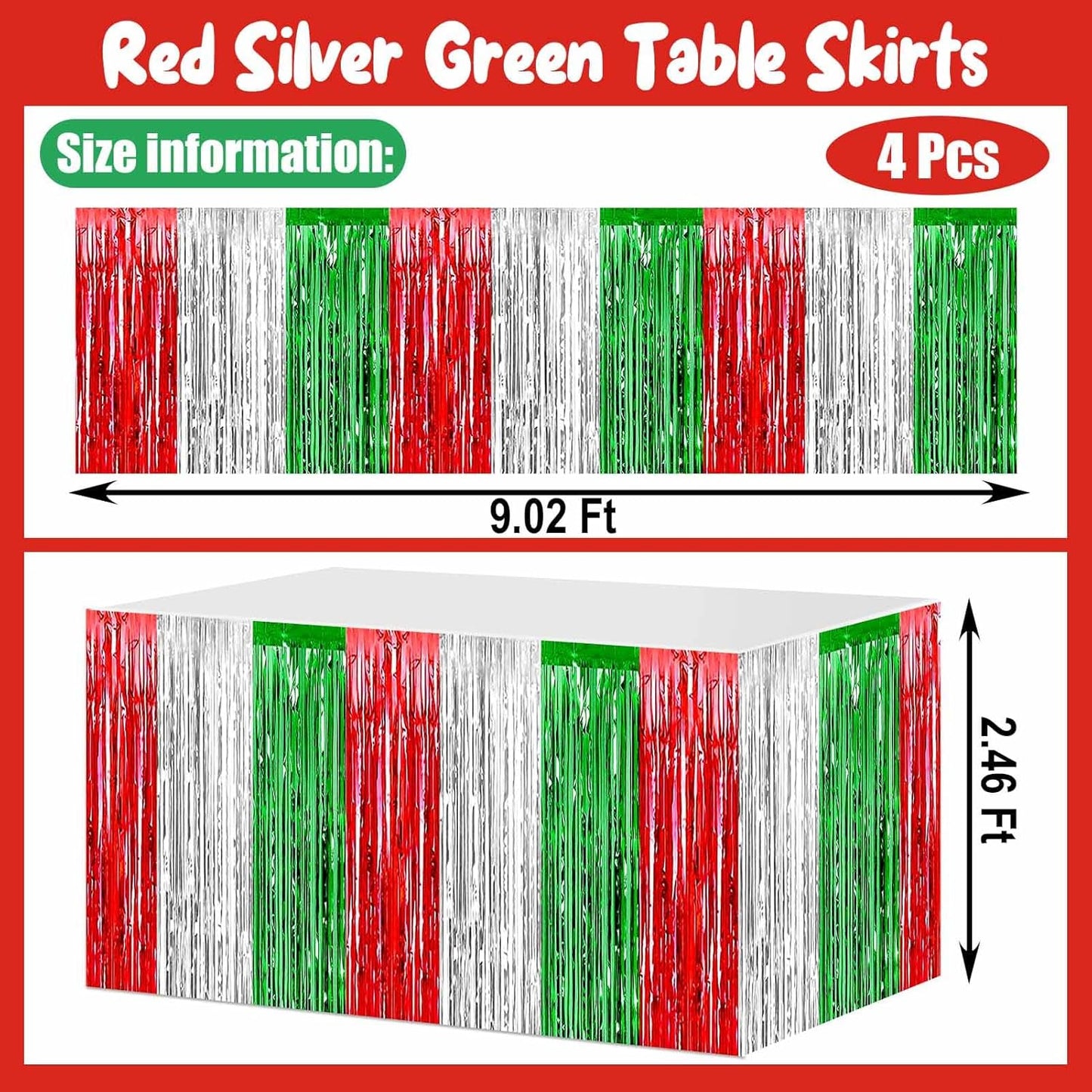 4 Pack 29x108 Inch Metallic Foil Fringe Tinsel Table Skirts for Rectangle Tables Streamer Backdrop for Wedding, Birthday, Parade Floats, Christmas, Halloween Party Decoration(Red Silver Green)