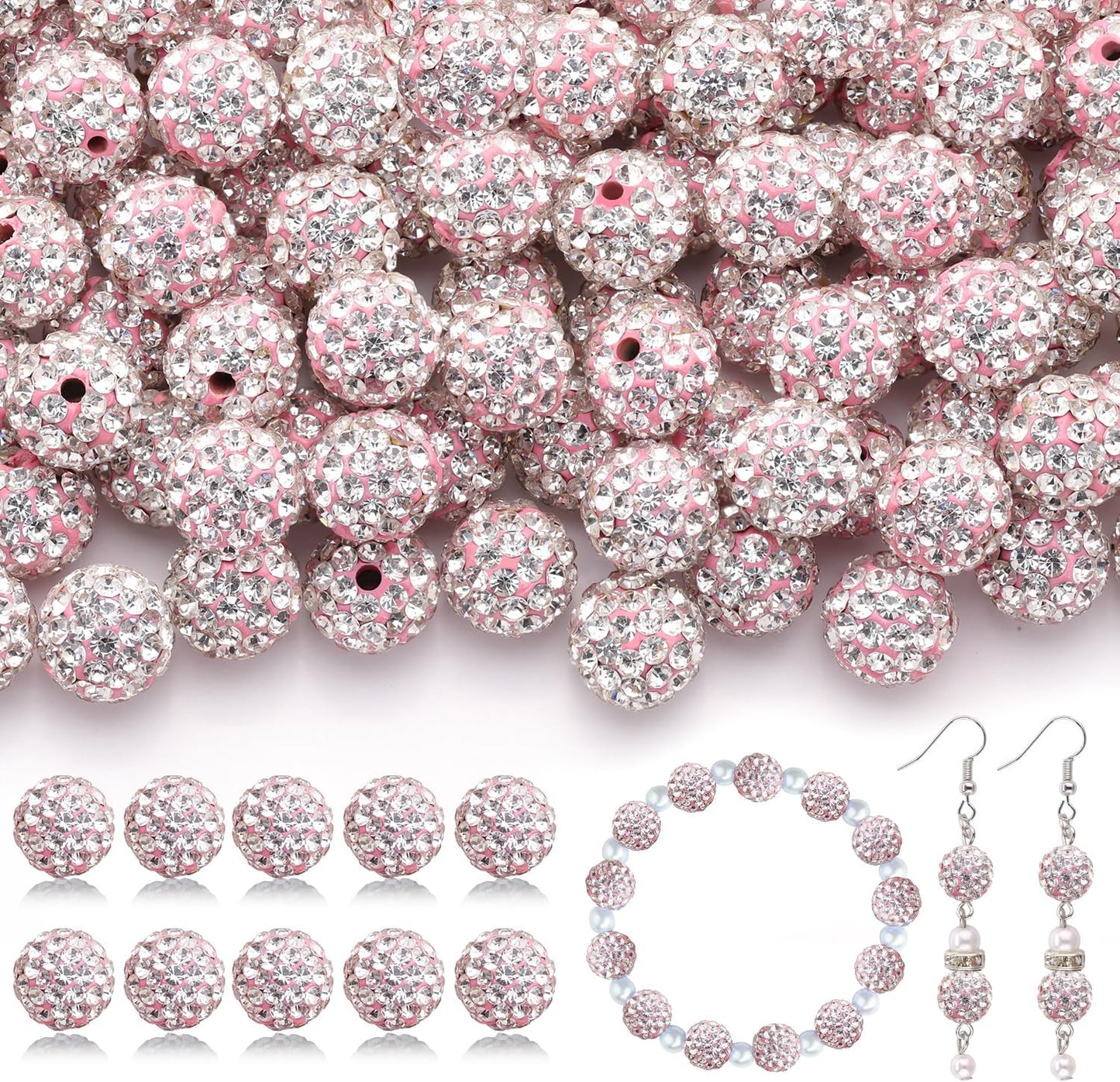 105pcs 10mm Rhinestone Beads for Jewelry Making, Pink White Shiny Round Disco Ball Beads Bulk, Sparkle Crystal Clay Christmas for Bracelet Baseball Necklace Earring Crafting and DIY