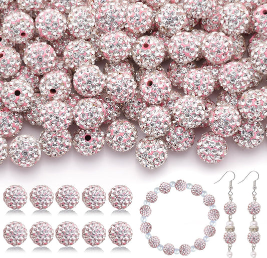 105pcs 10mm Rhinestone Beads for Jewelry Making, Pink White Shiny Round Disco Ball Beads Bulk, Sparkle Crystal Clay Christmas for Bracelet Baseball Necklace Earring Crafting and DIY
