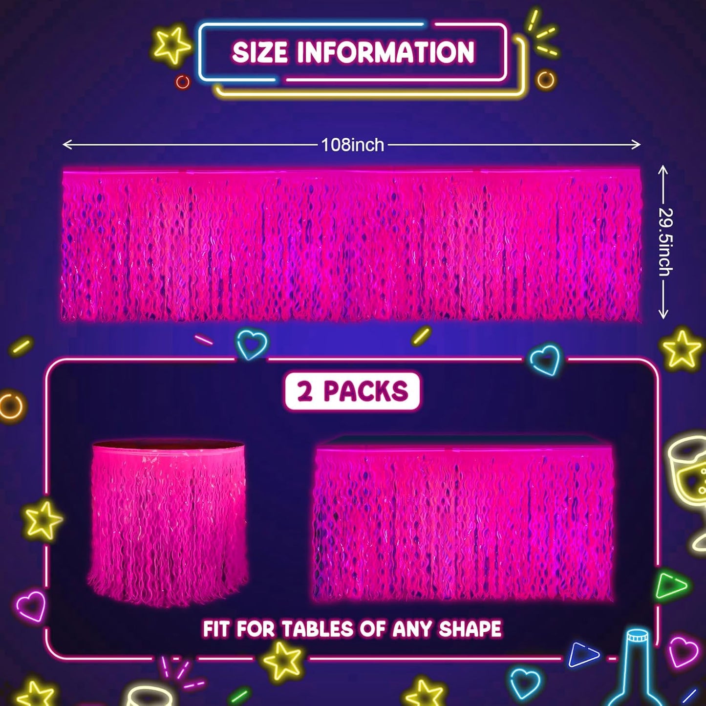 Mega-L Glow in The Dark Party Supplies, 2 Pack Neon Party Decorations Fluorescent Macaron Fuchsia Wavy Metallic Tinsel Foil Fringe Table Skirts, Perfect Table Decors for Glow Birthday Decor