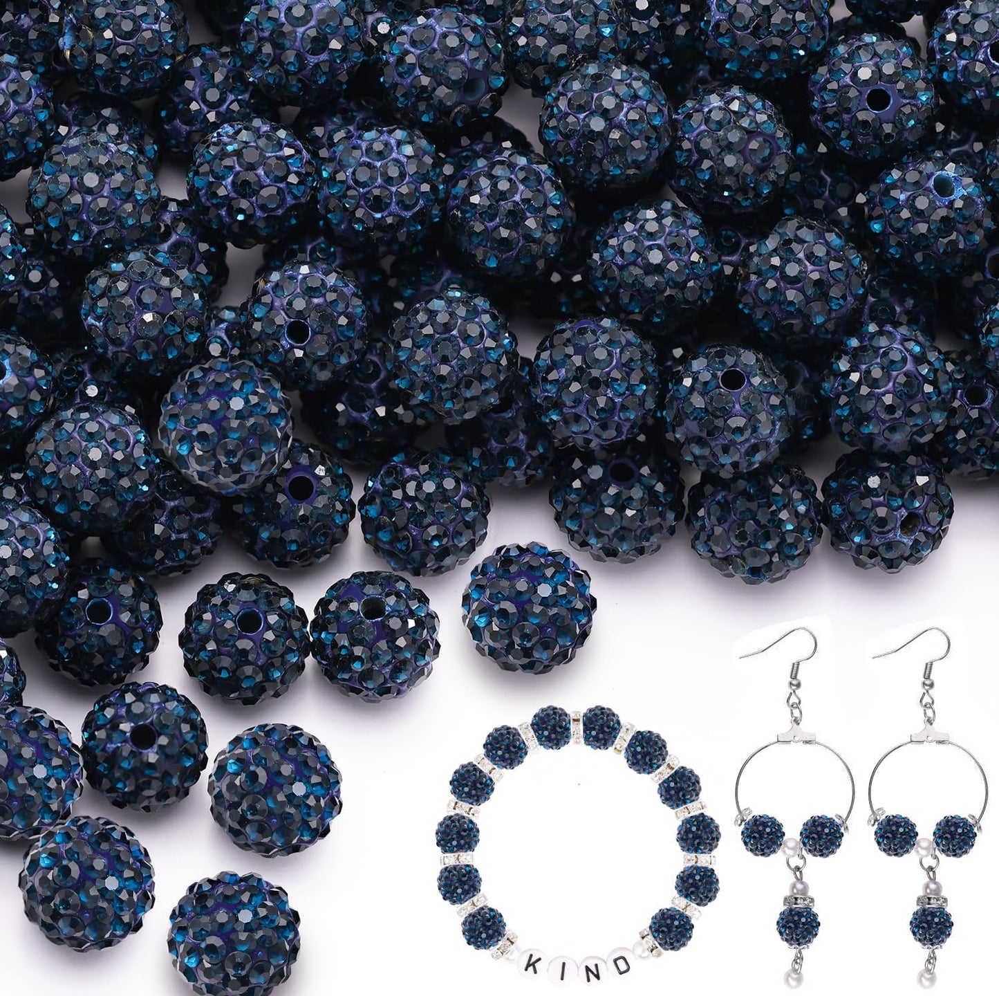 150pcs 10mm Rhinestone Beads for Jewelry Making, Blue Black Shiny Round Shamballa Disco Ball Beads Bulk, Sparkle Crystal Clay Christmas for Bracelet Baseball Necklace Earring Crafting and DIY