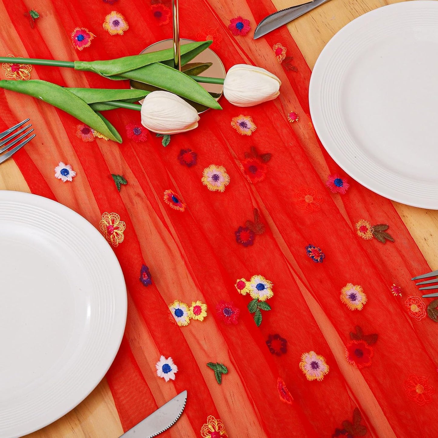 BINBE 6pcs Daisy Fall Table Runner Embroidery Gauze 10FT Florals Seasonal Tulle Holiday Birthday Kitchen Dining Table Decor for Home Party Red
