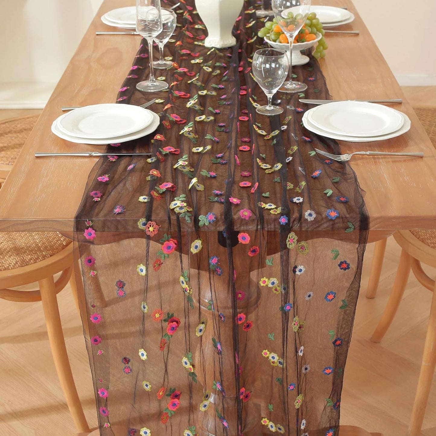 Black Embroidery Daisy Fall Table Runner 120Inch 10FT Florals Soft Sheer Tulle Fabric Table Runner for Home Decor, Brithday, Wedding, Baby Shower ,Holiday ,Parties, DIY Craft,1PC