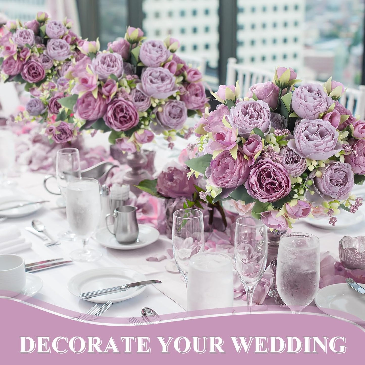 8 Bundles Artificial Peonies Flowers Boho Faux Flowers Arrangements Artificial Centerpiece Spring Bouquet Floral Wedding Decoration for Vase(Purple)