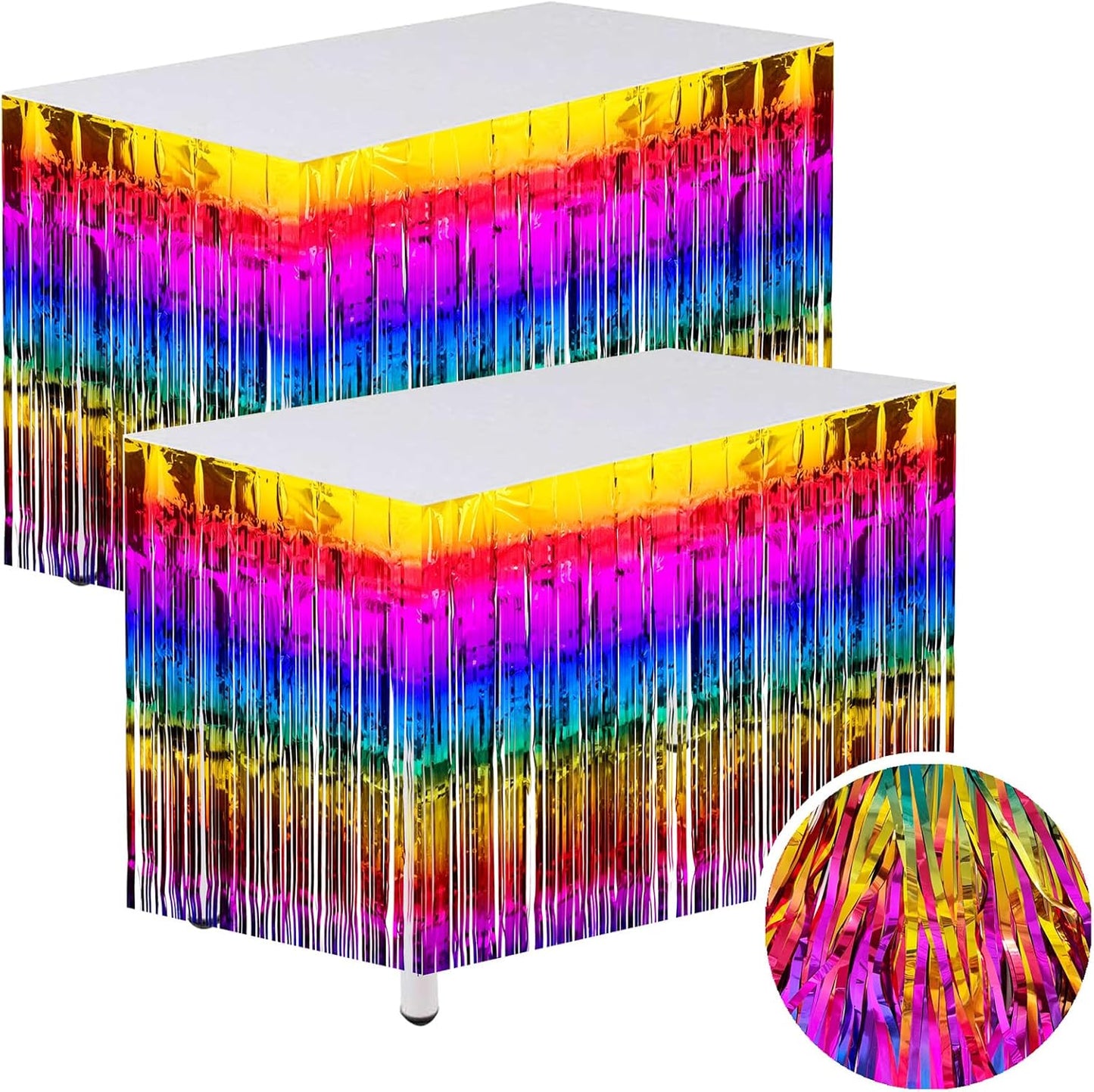 Rainbow Streamers Party Decorations, 2 Packs Gradient Rainbow Table Skirts Metallic Foil Fringe Tinsel for Birthday Unicorn Pride Gay Fiesta Graduation Float Parade Party Supplies - 29x108 Inch