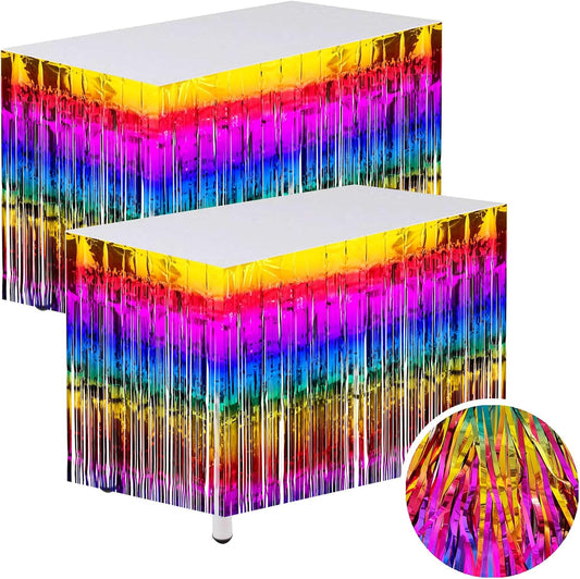 Rainbow Streamers Party Decorations, 2 Packs Gradient Rainbow Table Skirts Metallic Foil Fringe Tinsel for Birthday Unicorn Pride Gay Fiesta Graduation Float Parade Party Supplies - 29x108 Inch