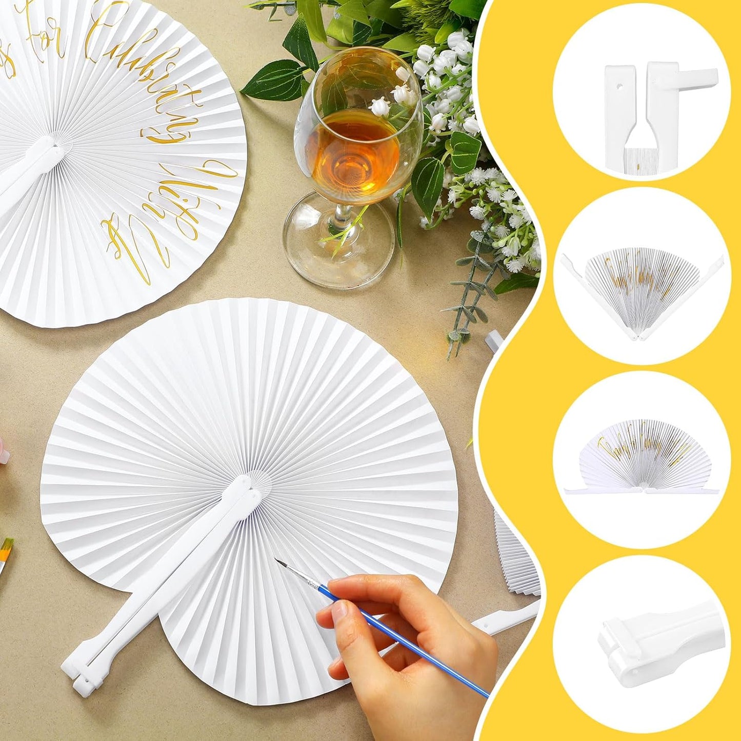 120 Pieces Paper Hand Held Fan Bulk Paper Folding Fans for Weddings Foldable Wedding Fans Bridesmaid Gift for Guest Bridal Shower Dancing Party DIY Craft Photo Props Wall Decoration(White,Round)