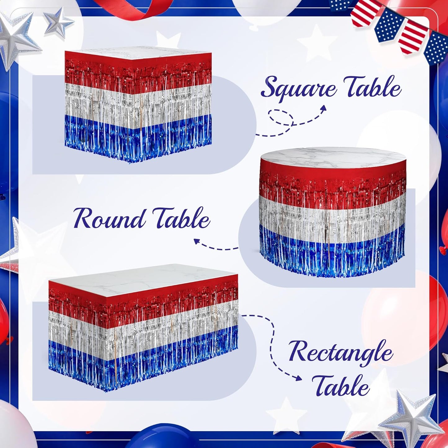 2 Pack Red&White&Blue Table Skirts, 29x108" Metallic Foil Tinsel Fringe Table Skirt for Rectangle Tables Streamer Curtains Backdrop, Party Decorations for Birthdays, Weddings, Holidays