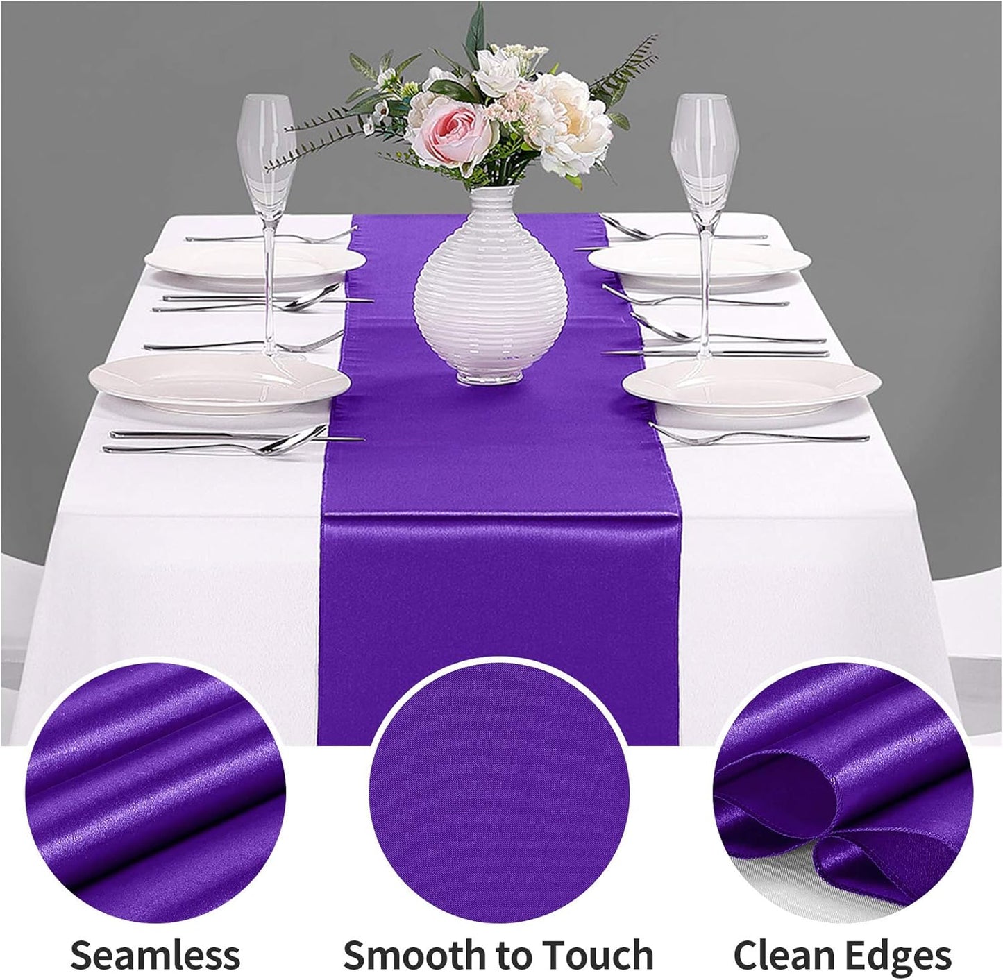 15-Pack Satin Table Runner Purple 12 x 108 inches Long, Table Runners for Wedding, Birthday Parties, Banquets Decorations（15 Pack, 12x108 Inch, Purple）