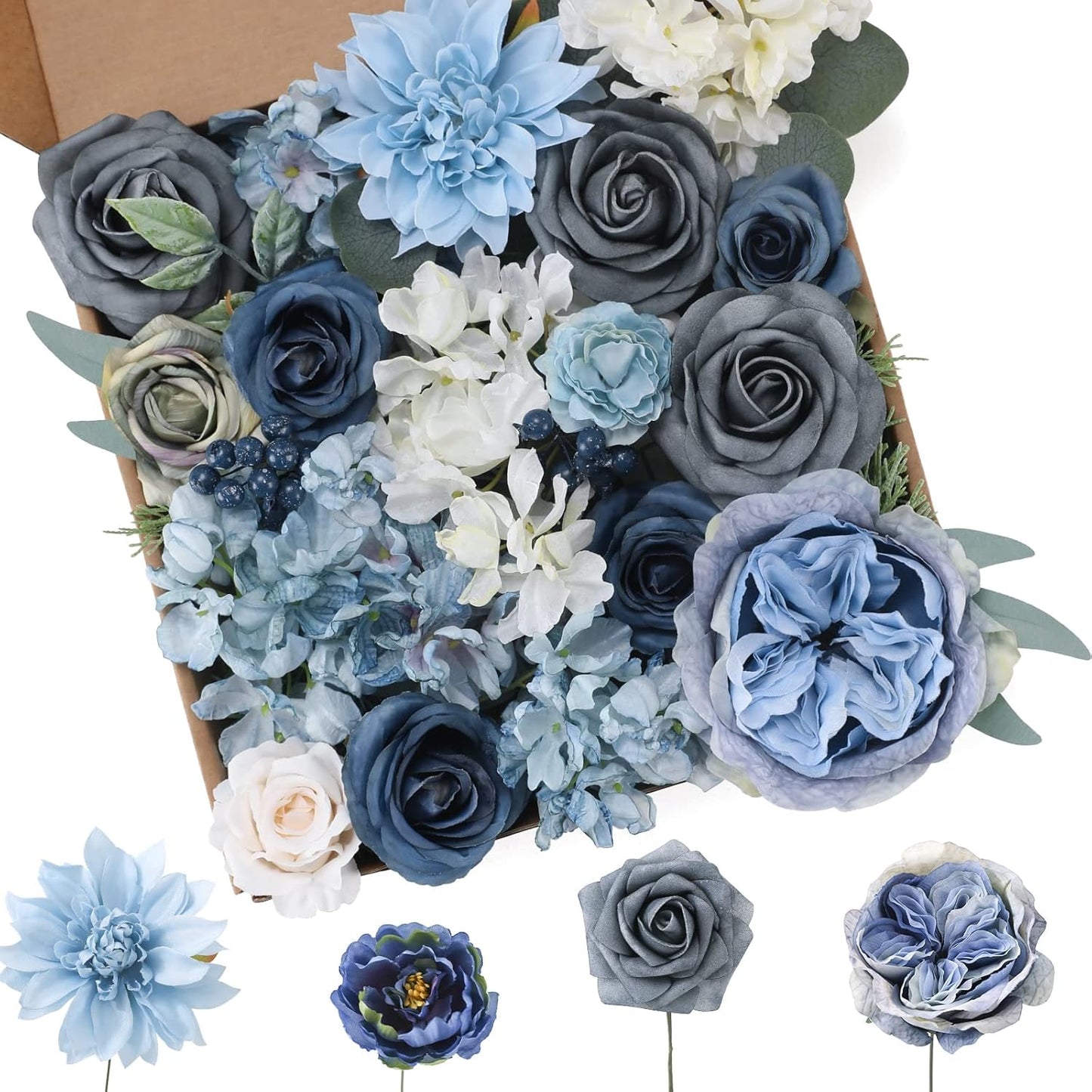 Floweroyal Artificial Flowers Combo Dusty Blue Flowers Mix Silk Flowers Dahlia Roses with Stems for DIY Wedding Bridal Bouquets, Baby Shower, Floral Arrangement, Table Centerpieces, Home Decorations.