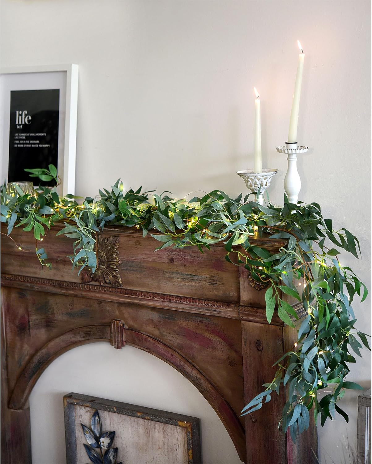 FiveSeasonStuff 2 Mix Rustic Willow Garlands, Bendable Artificial Greenery Vine Leaves for Wedding Home Decoration with 33 Feet String Lights